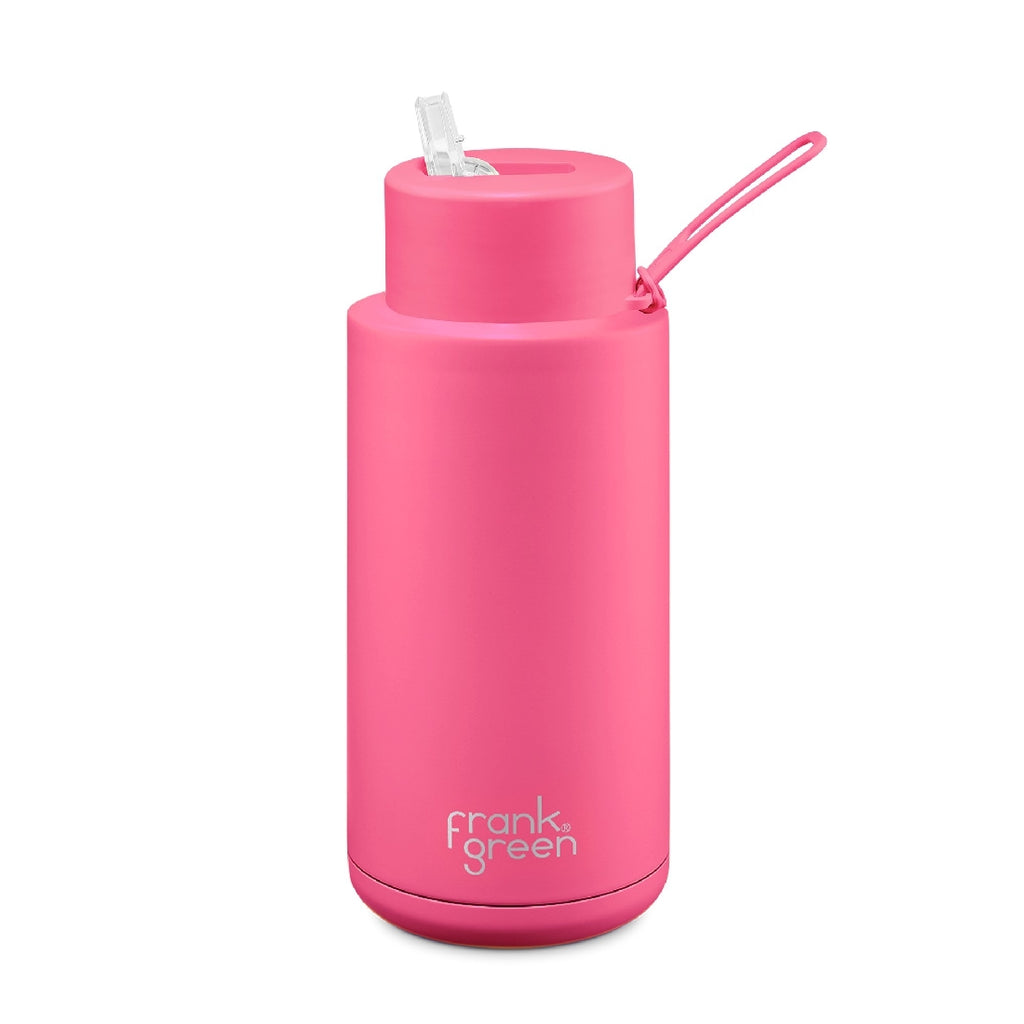 Frank Green 34oz Stainless Steel Ceramic Reusable Bottle Straw Lid Neon Pink