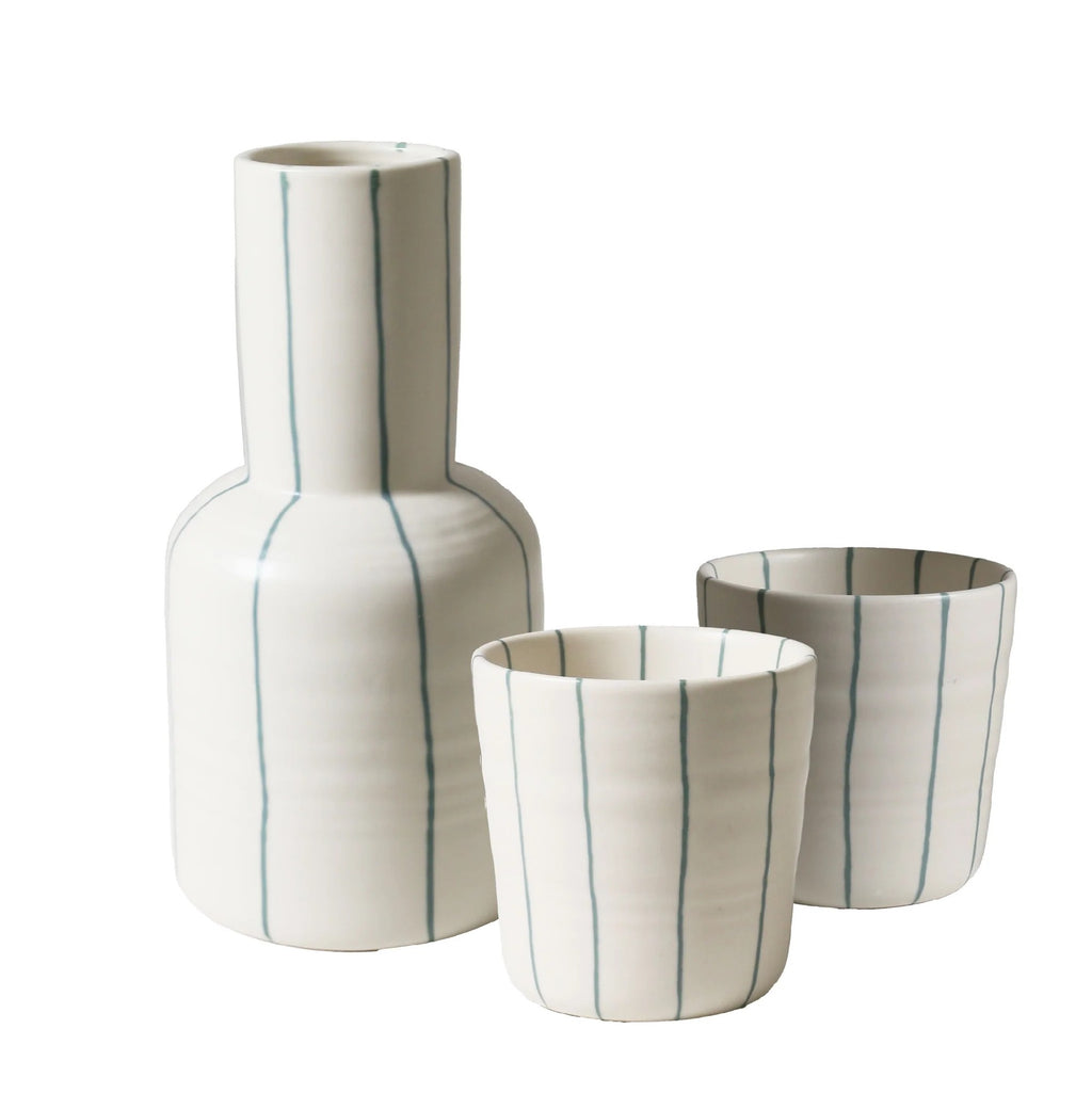 Robert Gordon - Carafe & 2 Cups Set Coastal Cream W Green Stripe