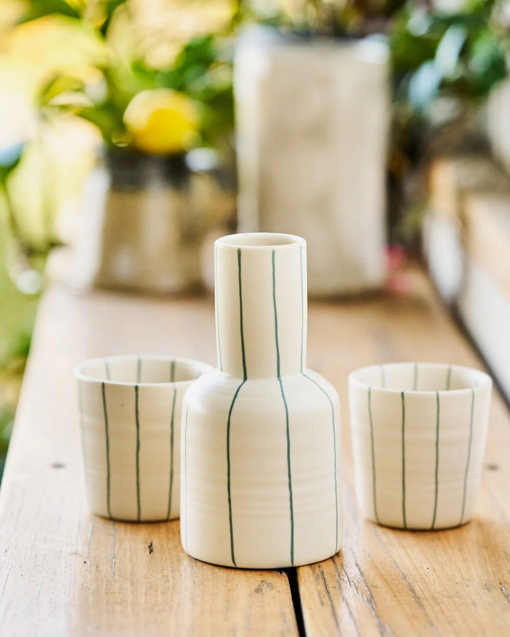 Robert Gordon - Carafe & 2 Cups Set Coastal Cream W Green Stripe